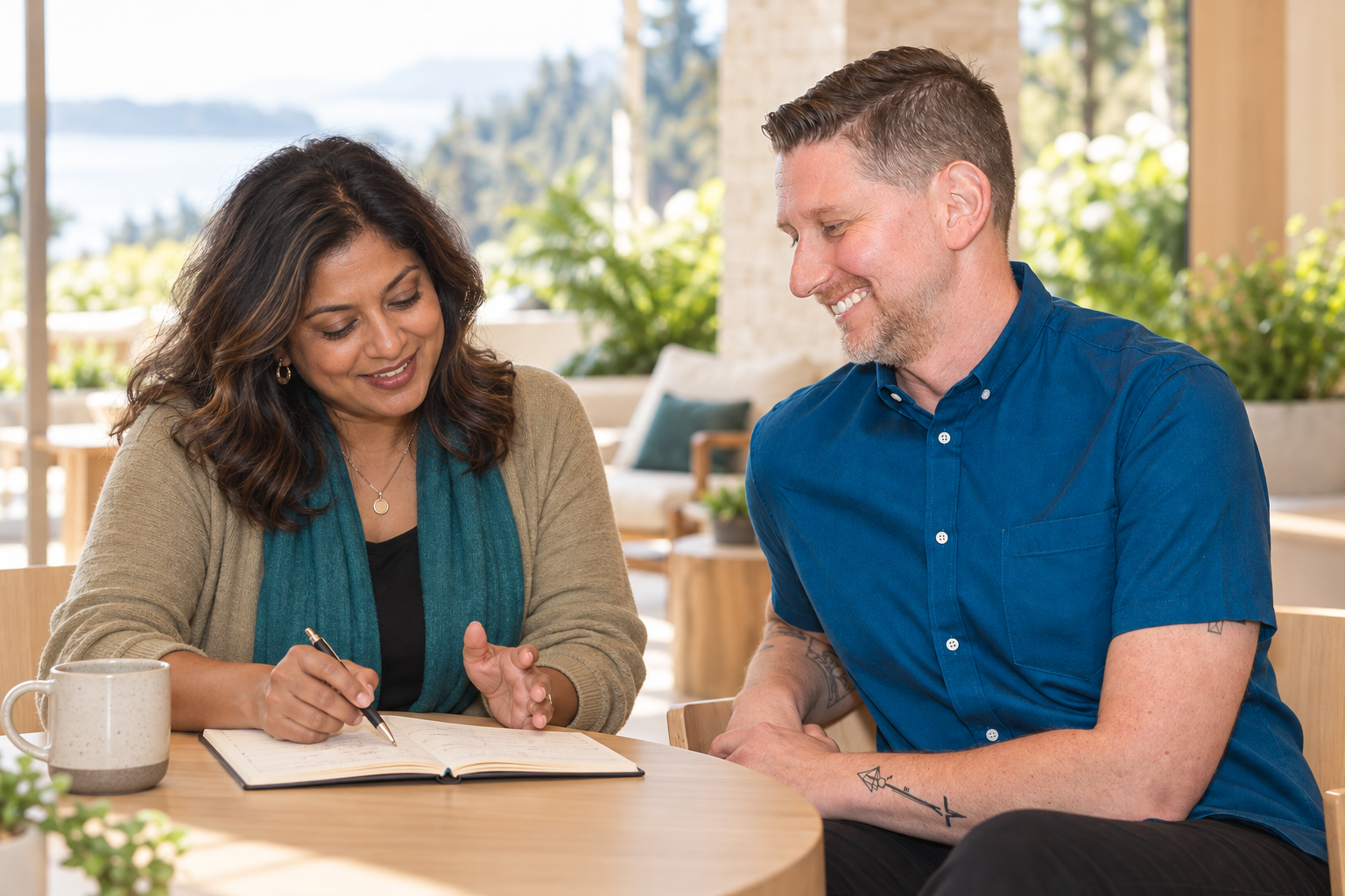 A self-empowered woman reviews her own notebook, sharing her plan for moving through obstacles. Seated to her right, Jarren the leadership coach looks at her work proudly.