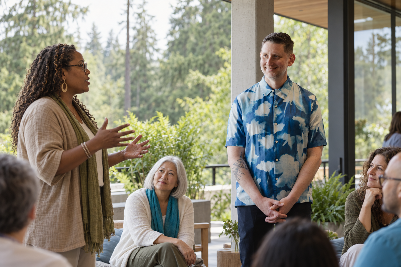 A woman stands in a group to share her ideas with the other folks gathered, who all listen attentively. Jarren, the facilitator, stands to one side listening supportively.