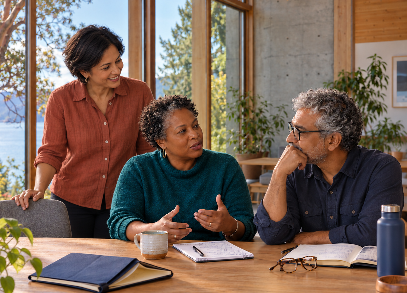 A group of three senior leaders share ideas; the woman in the centre is using her hands to describe a complicated idea, and the other two listen with enthusiasm and interest.